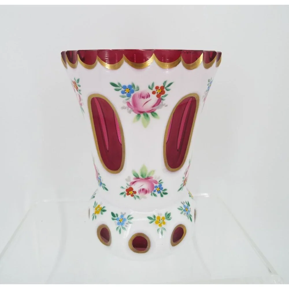 Vintage Bohemian Czech Cased White Overlay Cut to Cranberry Glass Floral Vase 5